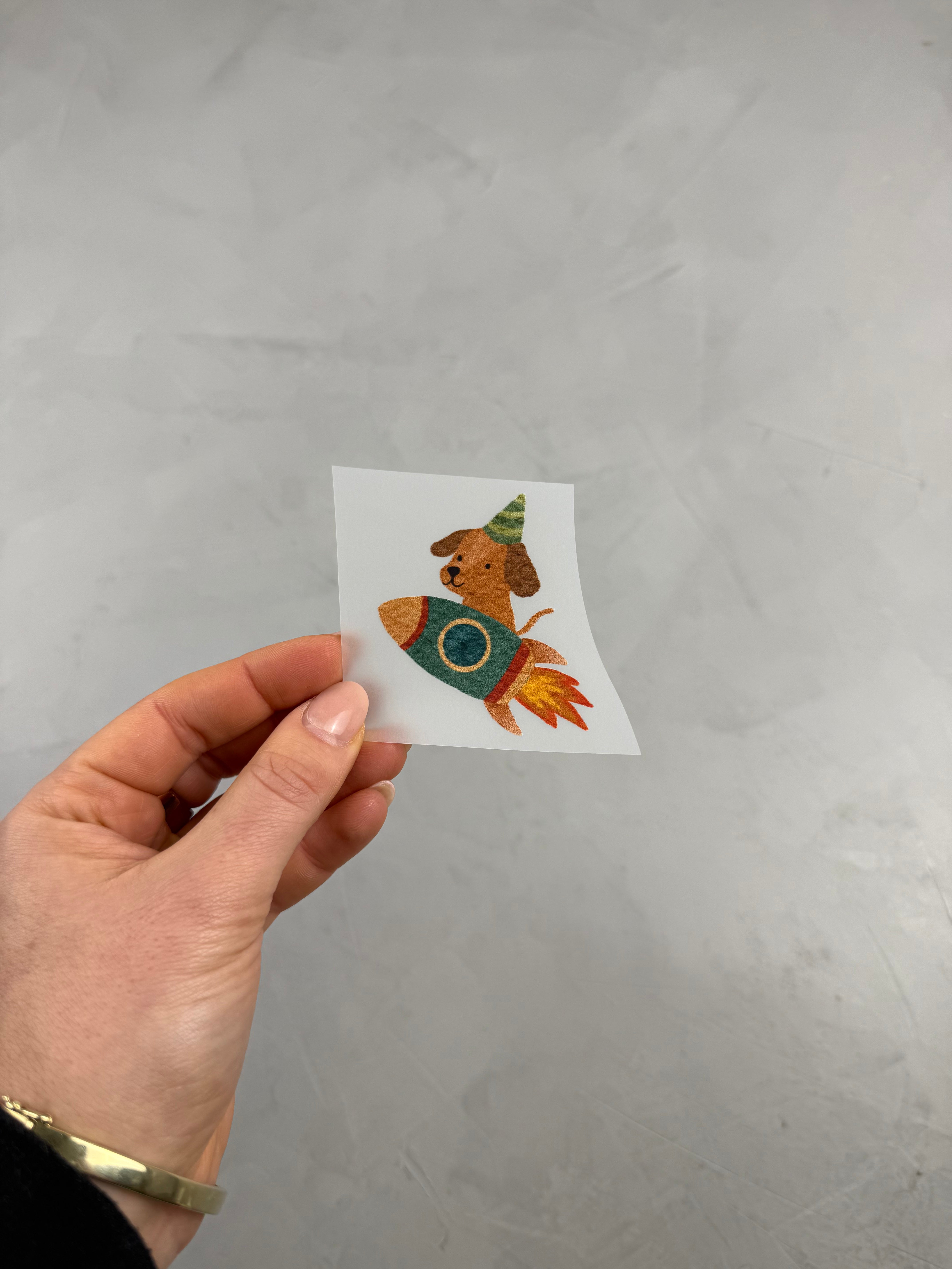 kleines Bügelbild - Hund/Ab ins All