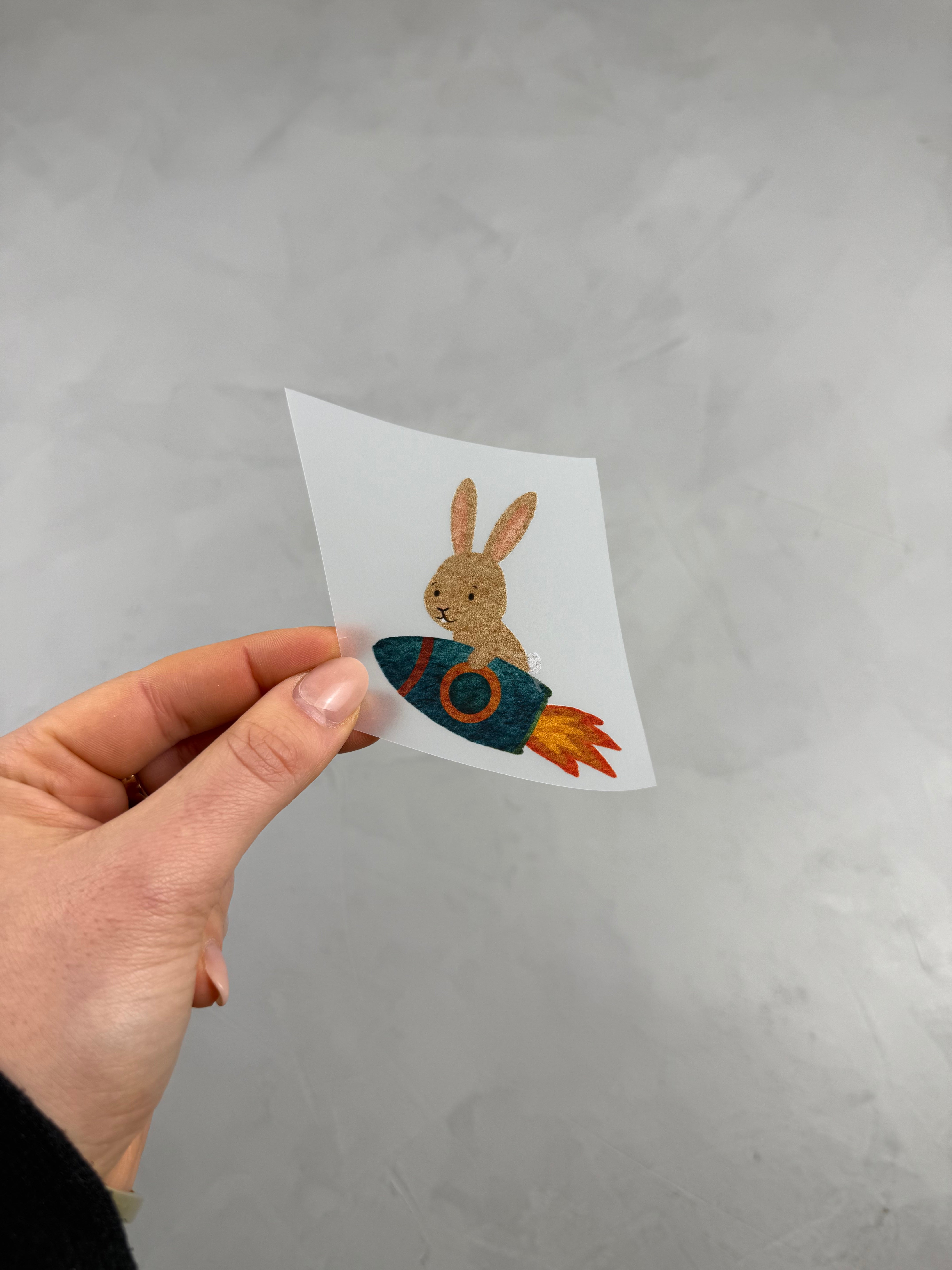 kleine Bügelbild - Hase/Ab ins All