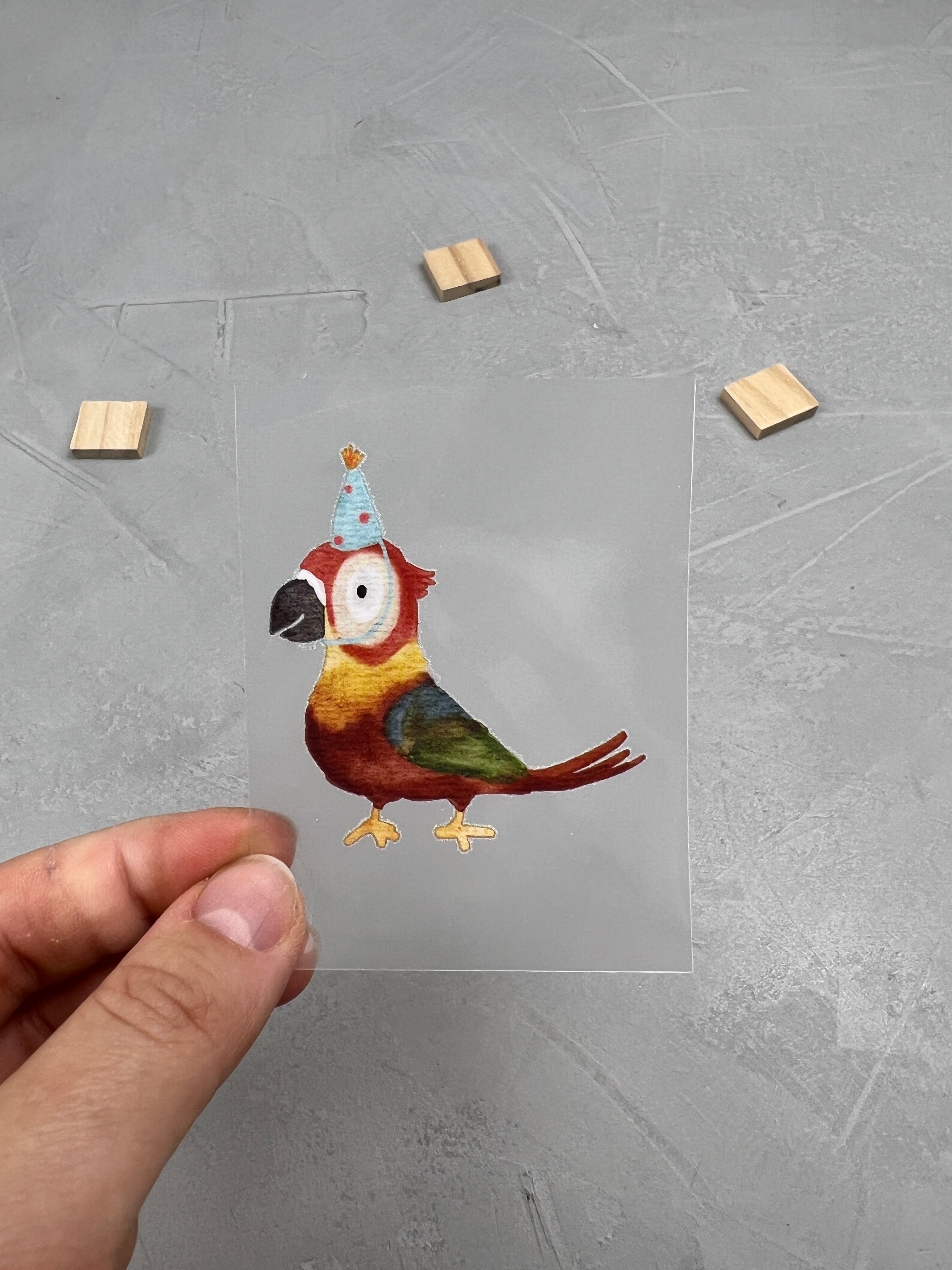 kleines Bügelbild - Papagei/blauer Hut