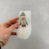 kleines Reflektor-Bügelbild - Raketenstart/Türkis