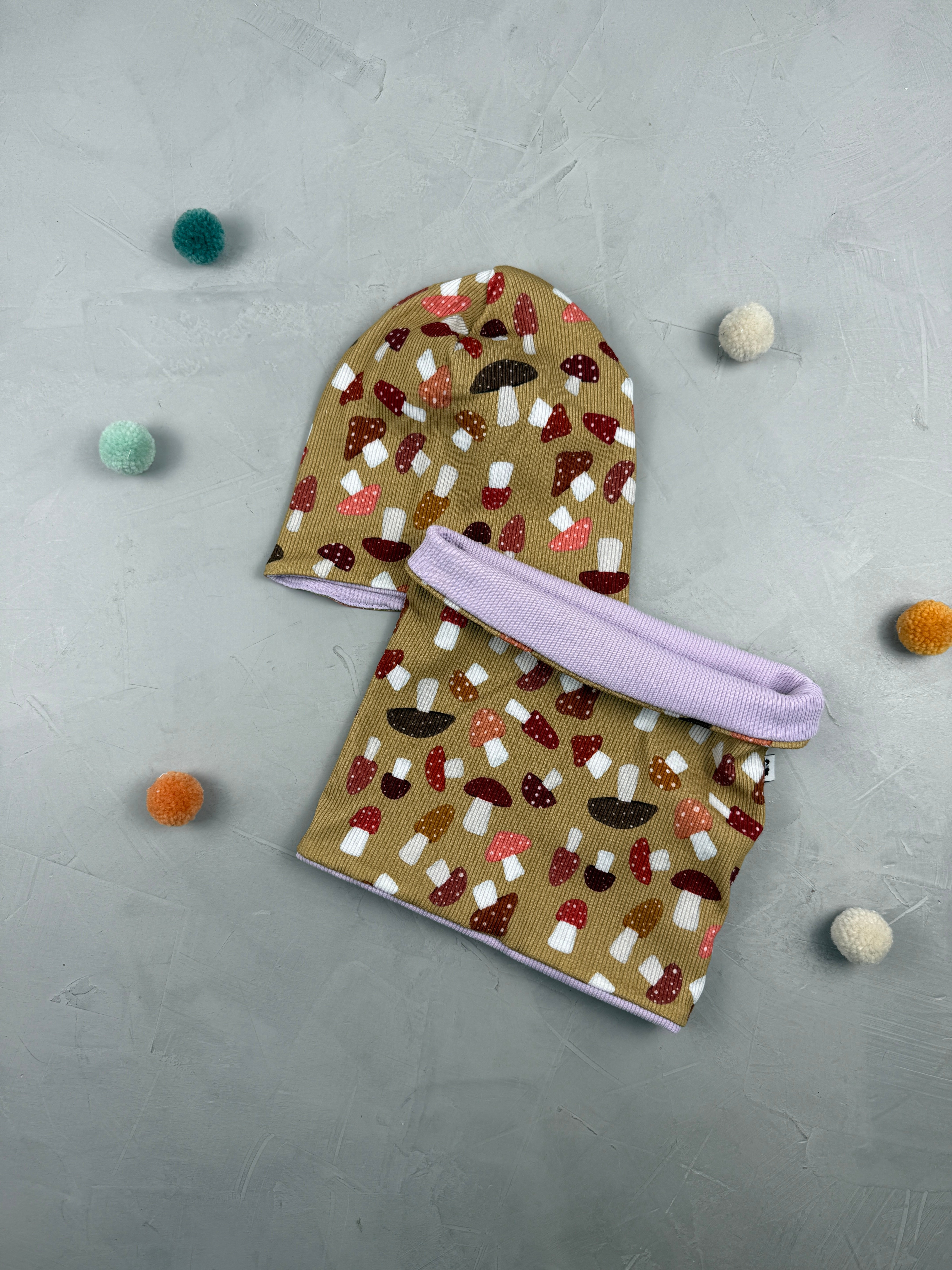 Beanie/Loop-Set - Pilzparade/Flieder